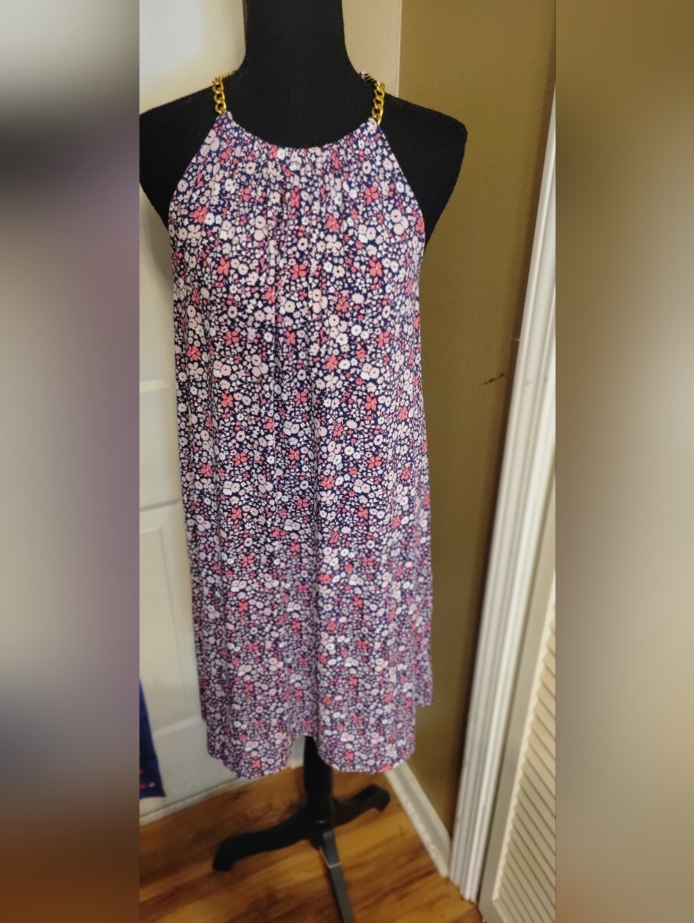Michael Kors Navy, Floral Halter Dress with Pink and White Flowers, Size Medium